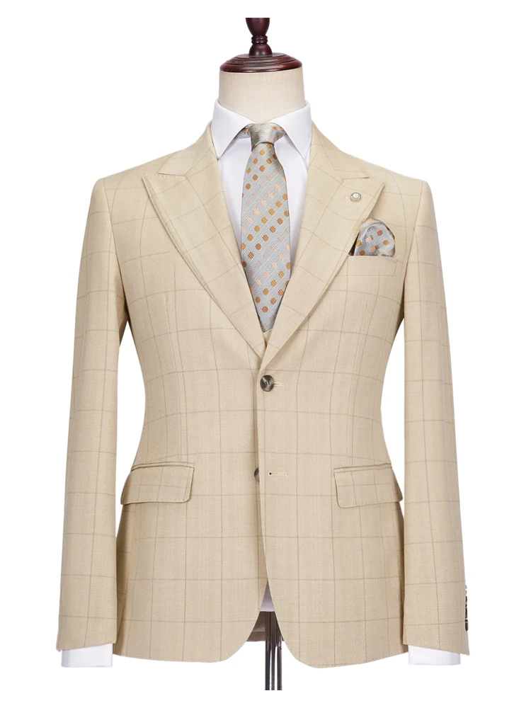 Light Khaki Peak Lapel 3 Piece One Button Men's Prom Suits